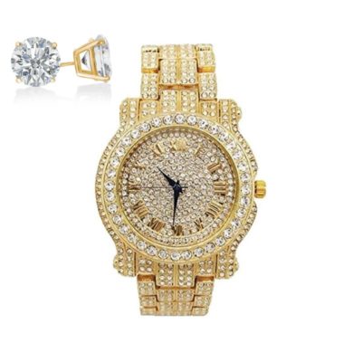 Charles Raymond Bling ed Out Gold Round Watch with Earrings Set L 0504 1 1