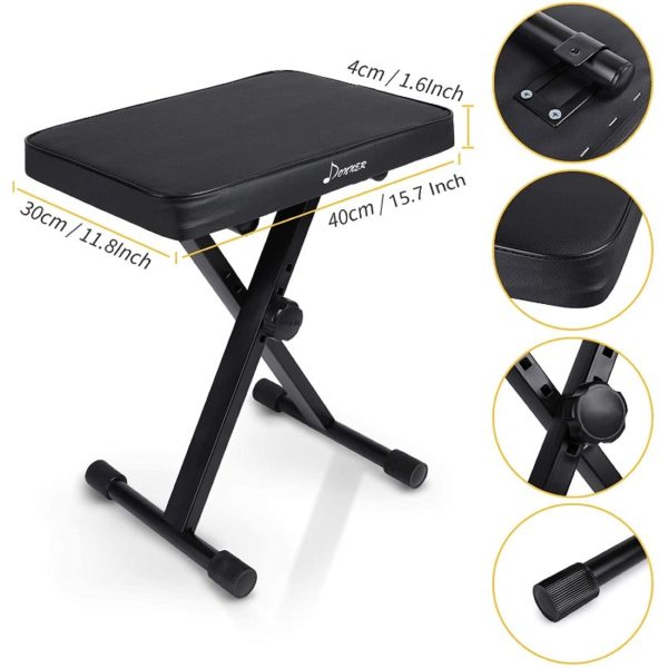 Donner Piano Bench Adjustable Keyboard Bench Portable Collapsible X Style Stool Chair Seat 1.6 Inch Thickness High Density Sponge Non Skid Design Black 1