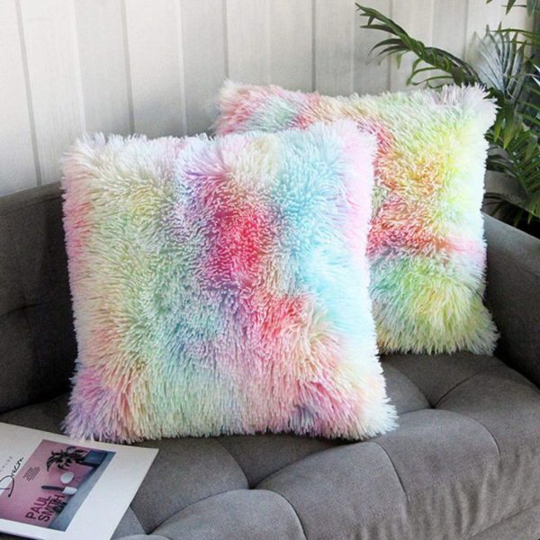 Fluffy Plush Shaggy Soft Comfy Faux Fur Multicolor Decorative Square Pillow Pillowcases CoverRAINBOW