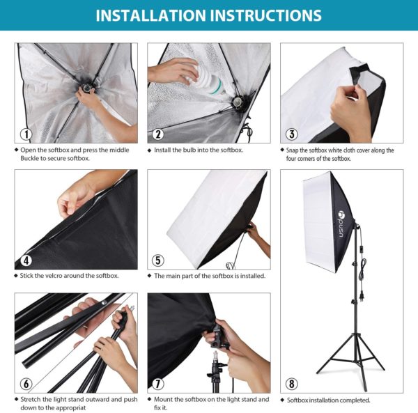 HPUSN Softbox Lighting Kit Professional Studio Photography Equipment Continuous Lighting with 2 85W 5400K E27 Bulbs and 2 Reflectors 50 x 70 cm instructions