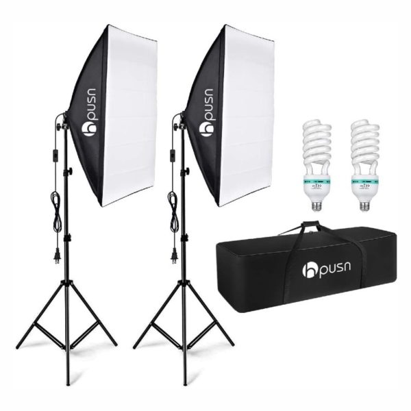 HPUSN Softbox Lighting Kit Professional Studio Photography Equipment Continuous Lighting with 2 85W 5400K E27 Socket and Bulbs and 2 Reflectors 50 x 70 cm