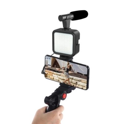 PLOKAMA Foldable Hand Grip Desktop Vlogging Kit with Stabilizer Microphone PhoneCamera Holder Remote and LED Video Light PK771 in hand