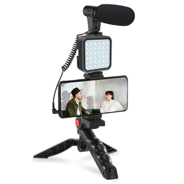 PLOKAMA Foldable Hand Grip Desktop Vlogging Kit with Stabilizer Microphone PhoneCamera Holder Remote and LED Video Light PK771 standing