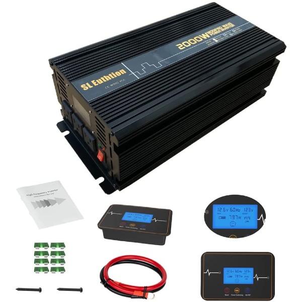 SL Euthtion 2000W Pure Sine Wave Power Inverter 12V DC to 120V AC 60HZ with LCD Display USB Port Solar Wireless Remote Control（10M） Outdoor 